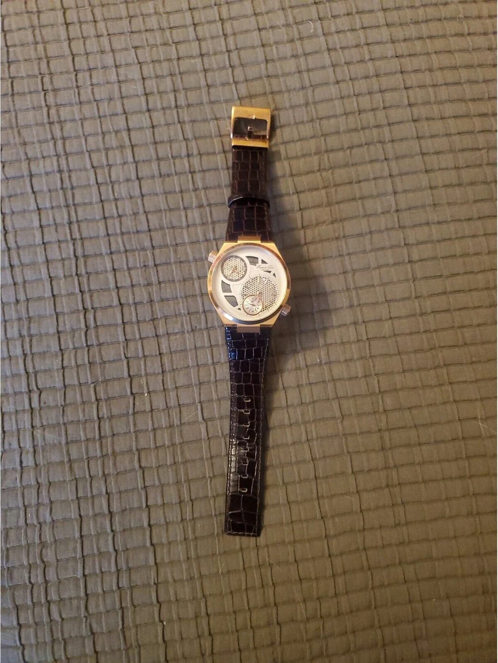 Kenneth Cole KC1715 Men’s DUAL TIME Rose Golden Skeleton Dark Brown Strap Watch